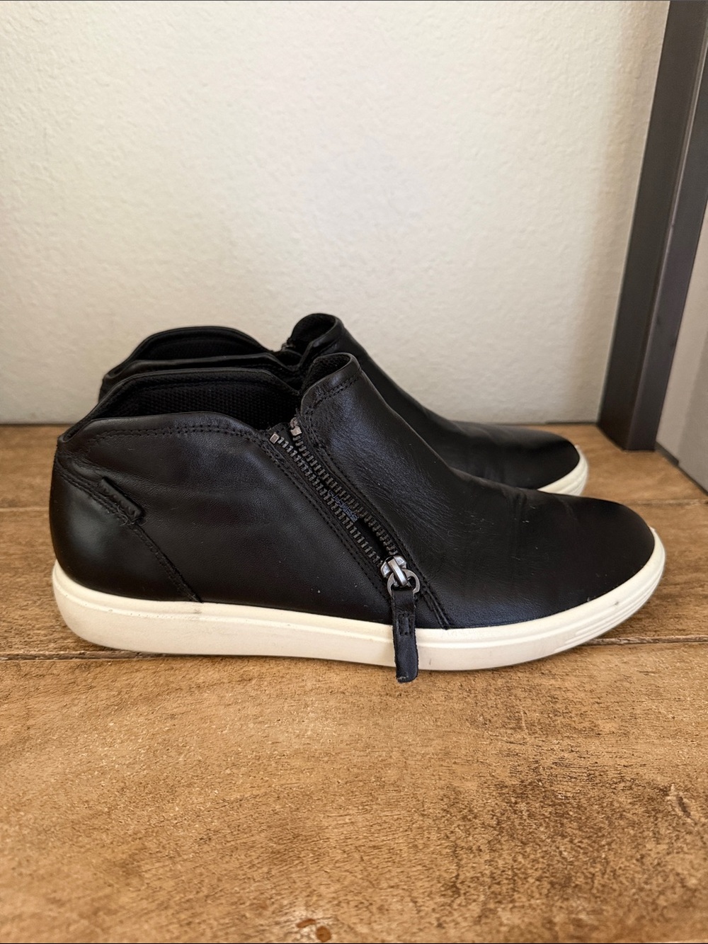 Ecco Black Leather Zip Sneakers with White Sole